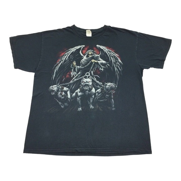 VTG Grim Reaper Hell Dogs Pit Bulls Short Sleeve T-Shirt XL Black Biker Horror - Picture 1 of 6